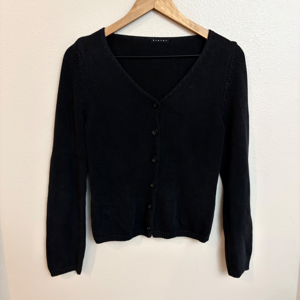 Sisley Cardigan Sweater Small Black Cotton V-Neck Made in Italy Minimalist